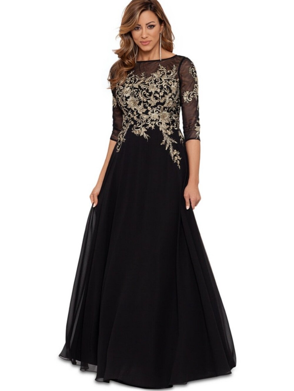 Betsy &  Adam Embroidered 3/4-Sleeve Gown NAVY